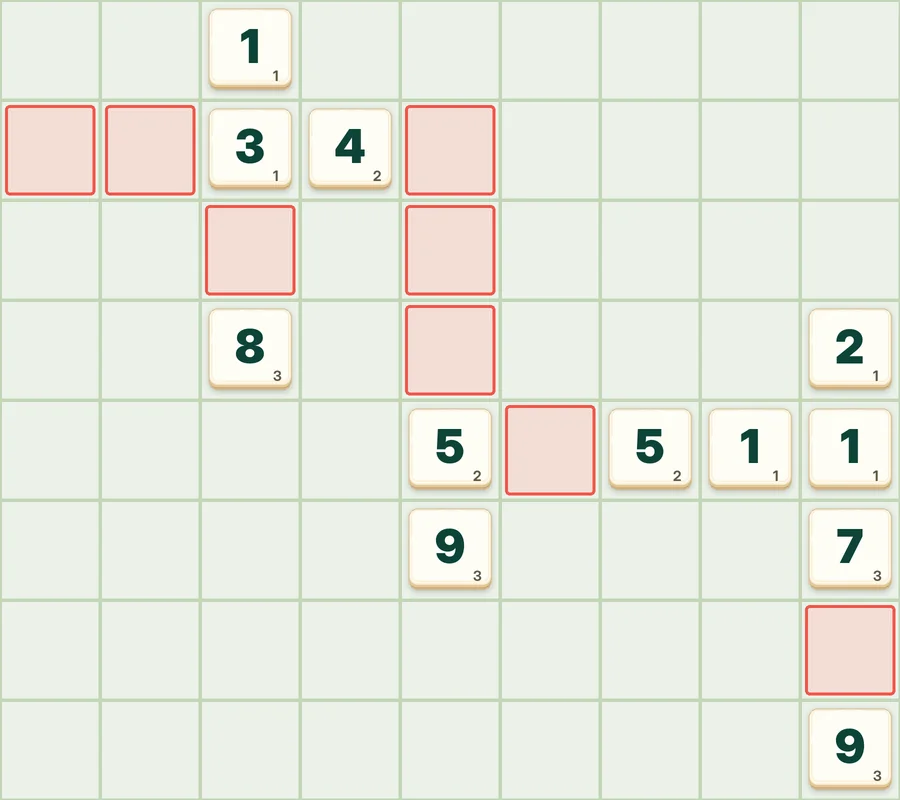 A daily puzzle board: number tiles with coral-outlined empty squares to fill