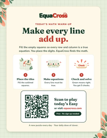 The EquaCross classroom poster: how to play in three steps, with a QR code to today’s Easy puzzle